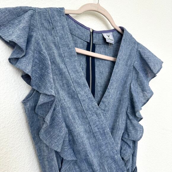 V by Violet Weekend Chambray Linen Blend Jumpsuit Ruffle Sleeve Blue 8 Coquette - Picture 3 of 8
